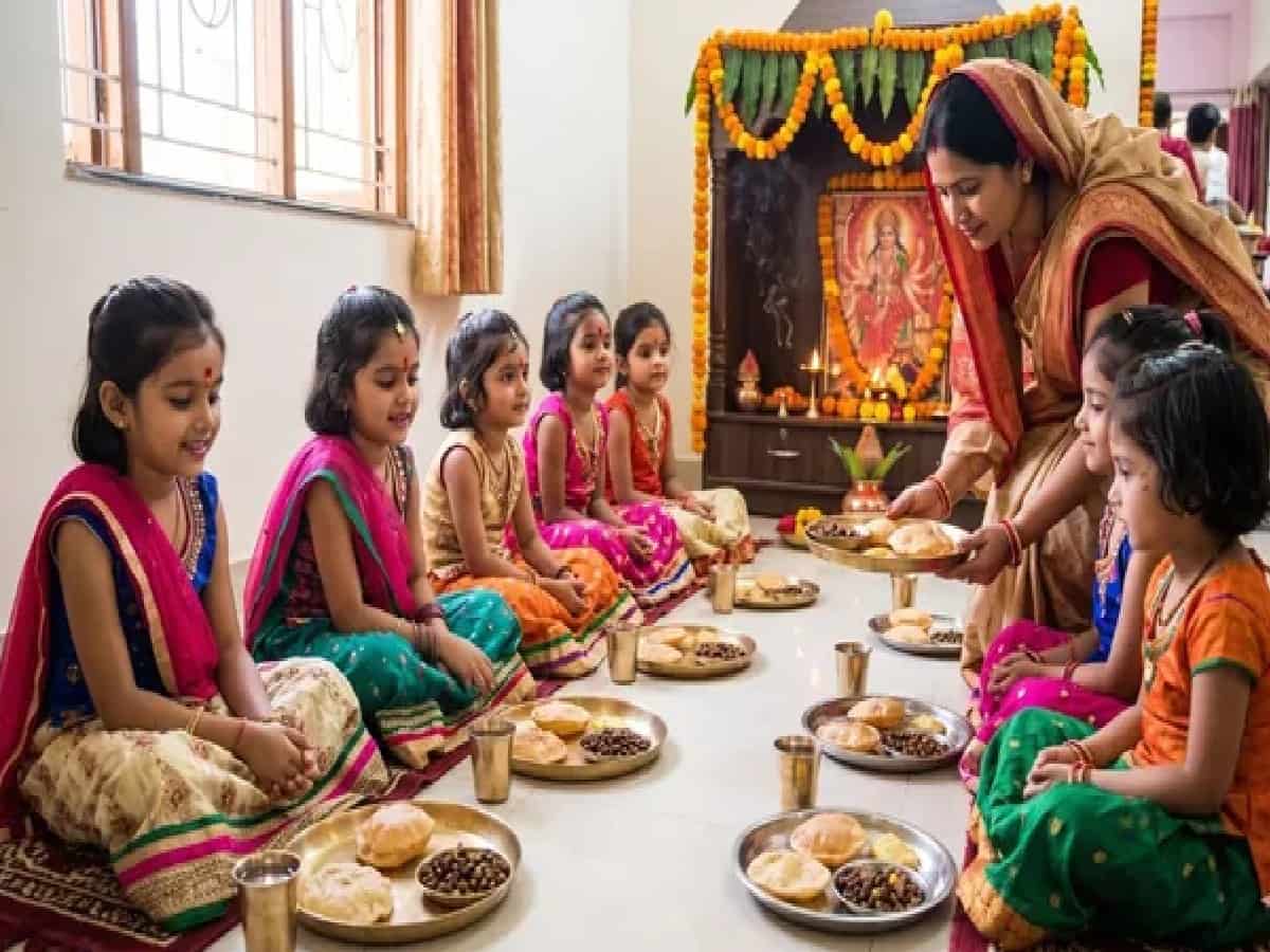 Serving Halwa-Puri in Plastic Plates Strips Navratri Prasad of Divine Blessings